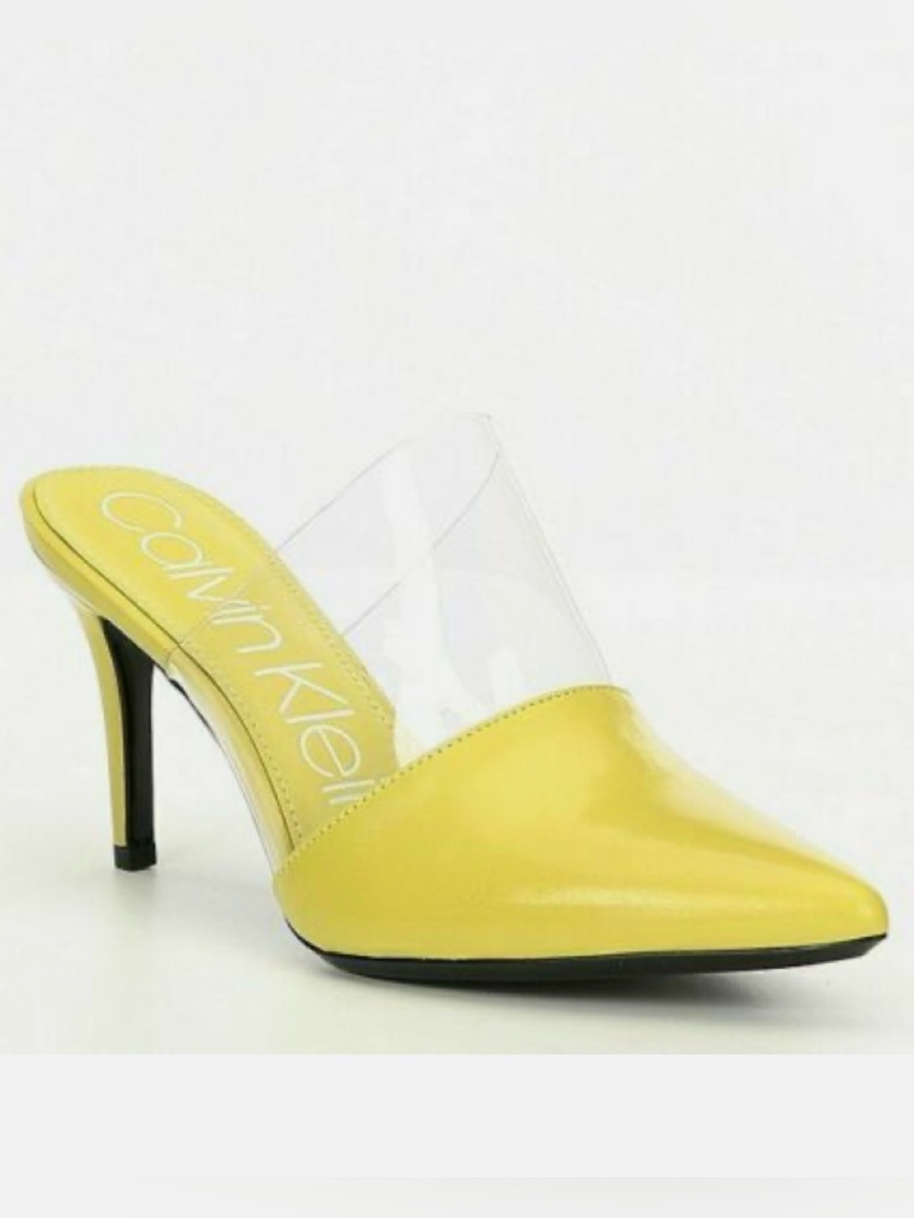 Calvin Klein GRAYCIE Yellow Leather Translucent Panel Pointed Toe Mule Heel Shoe